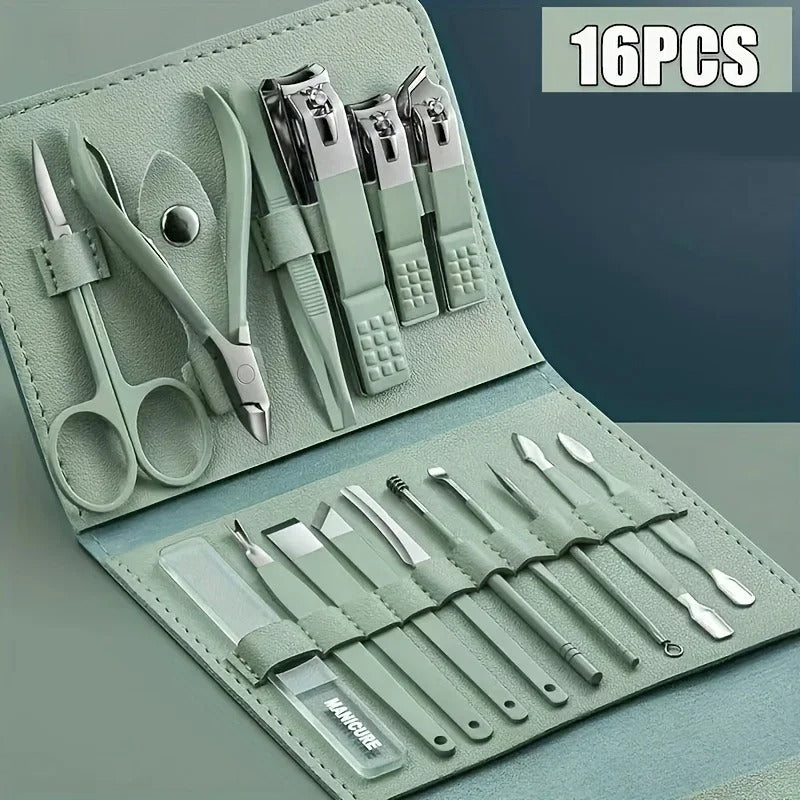 16pcs Professional Manicure & Pedicure Set – Nail Clippers, Cuticle Nippers & Grooming Tools with Travel Case