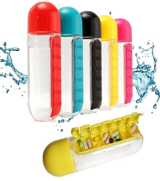 2-in-1 Medicine Organizer with Water Bottle – 7 Days Pill Box, 600ml BPA-Free Drinking Bottle, Removable Cup, Compac