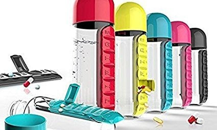 2-in-1 Medicine Organizer with Water Bottle – 7 Days Pill Box, 600ml BPA-Free Drinking Bottle, Removable Cup, Compac